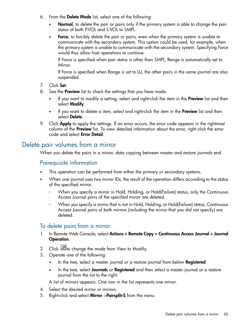 Delete pair volumes from a mirror, Prerequisite information | HP XP P9500 Storage User Manual | Page 65 / 187