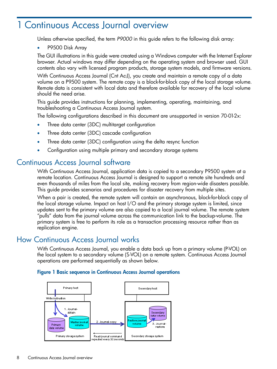 1 continuous access journal overview, Continuous access journal software, How continuous access journal works | HP XP P9500 Storage User Manual | Page 8 / 187