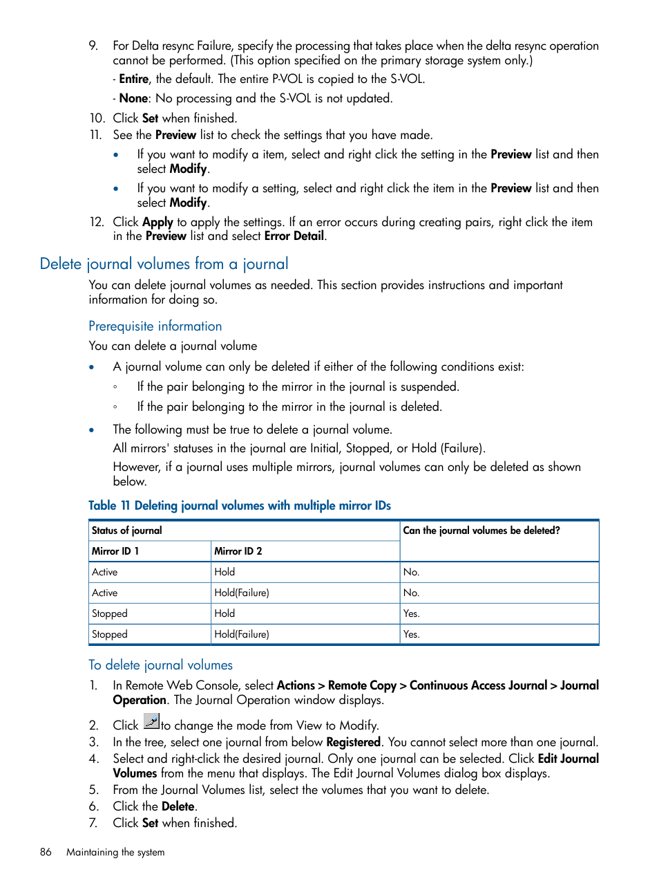 Delete journal volumes from a journal | HP XP P9500 Storage User Manual | Page 86 / 187