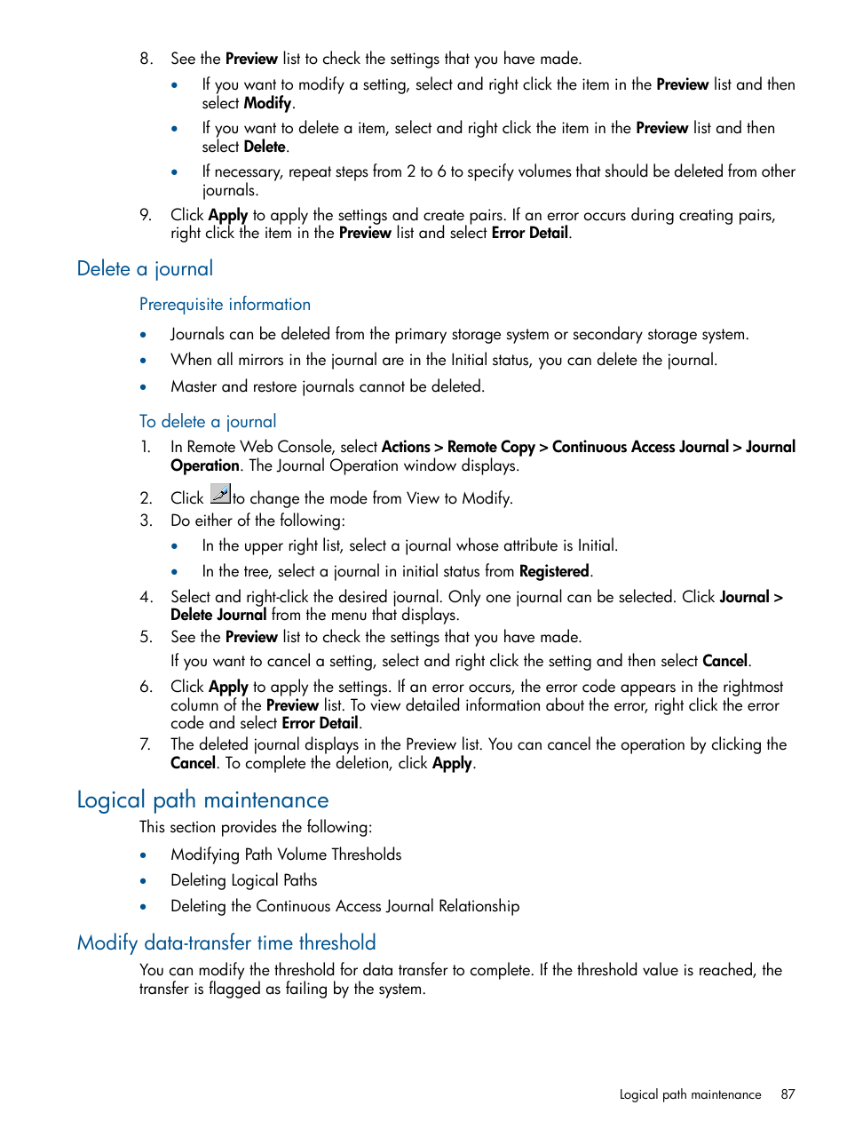 Delete a journal, Logical path maintenance, Modify data-transfer time threshold | HP XP P9500 Storage User Manual | Page 87 / 187