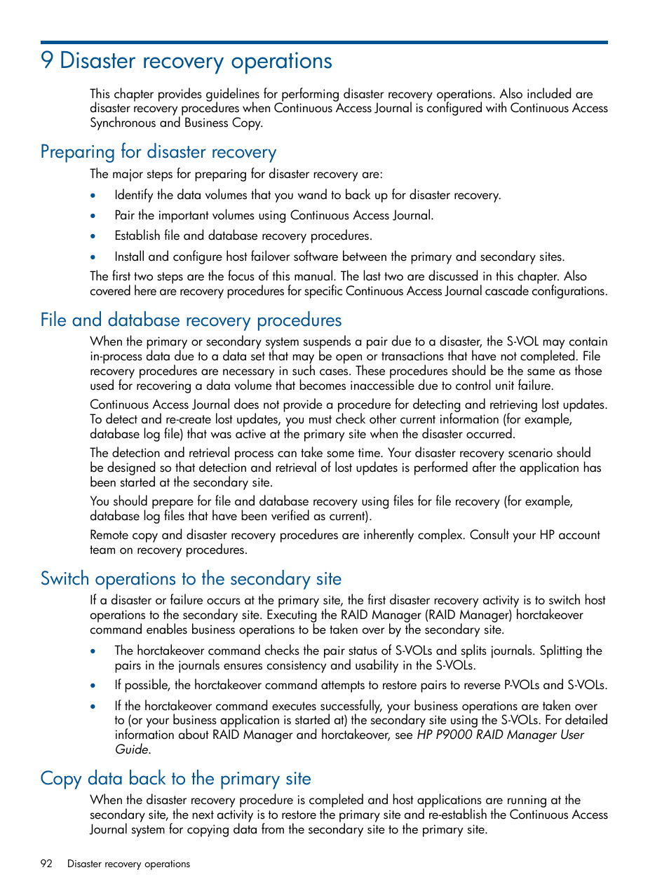 9 disaster recovery operations, Preparing for disaster recovery, File and database recovery procedures | Switch operations to the secondary site, Copy data back to the primary site | HP XP P9500 Storage User Manual | Page 92 / 187