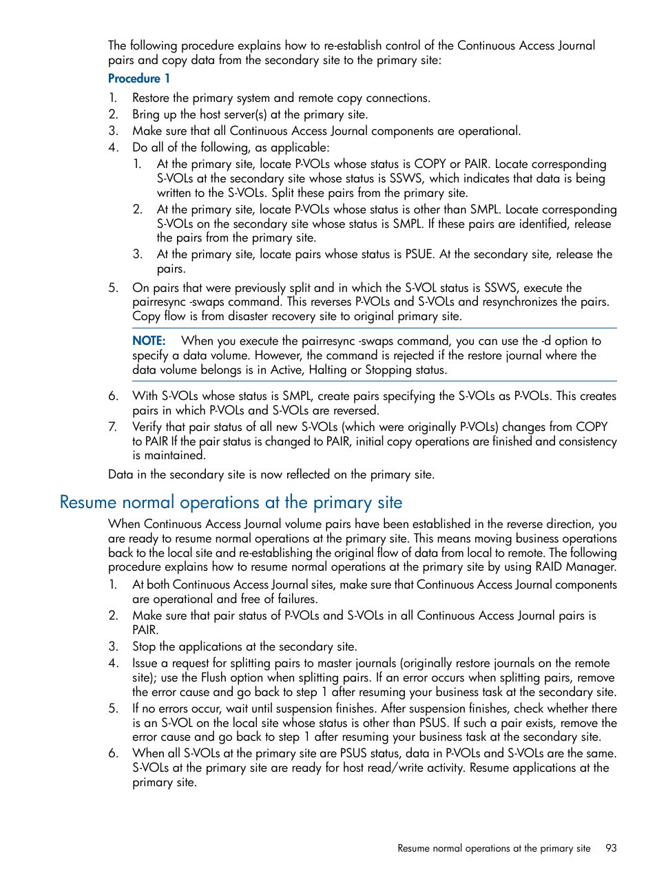 Resume normal operations at the primary site | HP XP P9500 Storage User Manual | Page 93 / 187