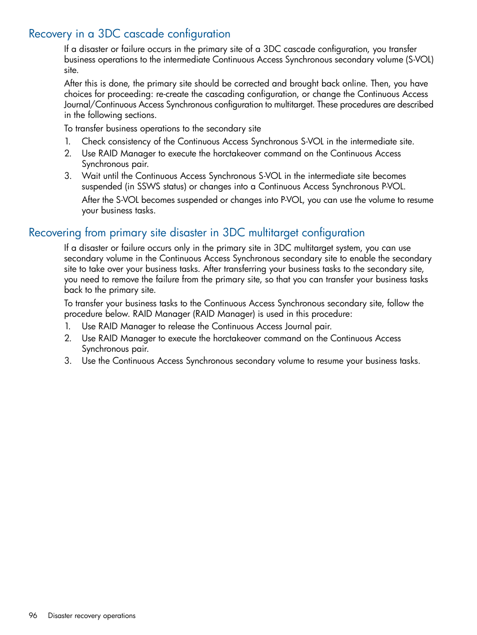 Recovery in a 3dc cascade configuration | HP XP P9500 Storage User Manual | Page 96 / 187