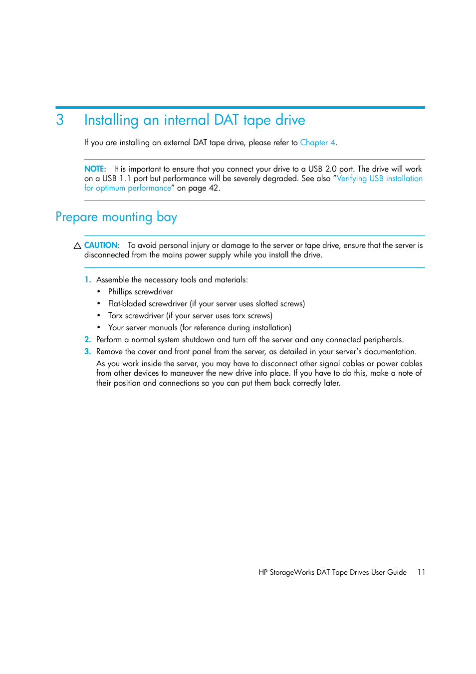 Installing an internal dat tape drive, Prepare mounting bay, 3 installing an internal dat tape drive | 3installing an internal dat tape drive | HP StoreEver DAT Tape Drives User Manual | Page 11 / 50