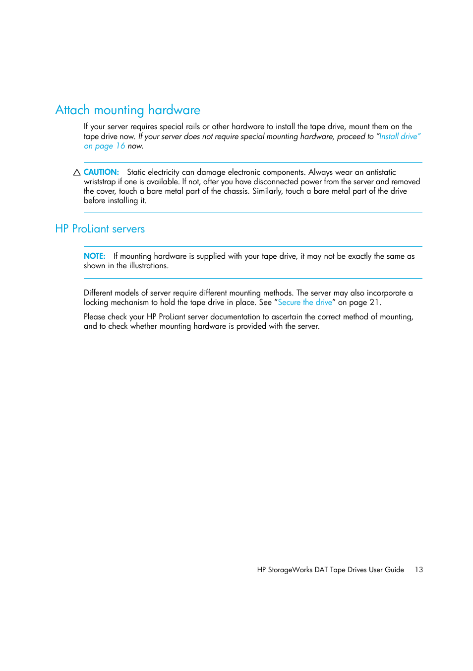 Attach mounting hardware, Hp proliant servers | HP StoreEver DAT Tape Drives User Manual | Page 13 / 50