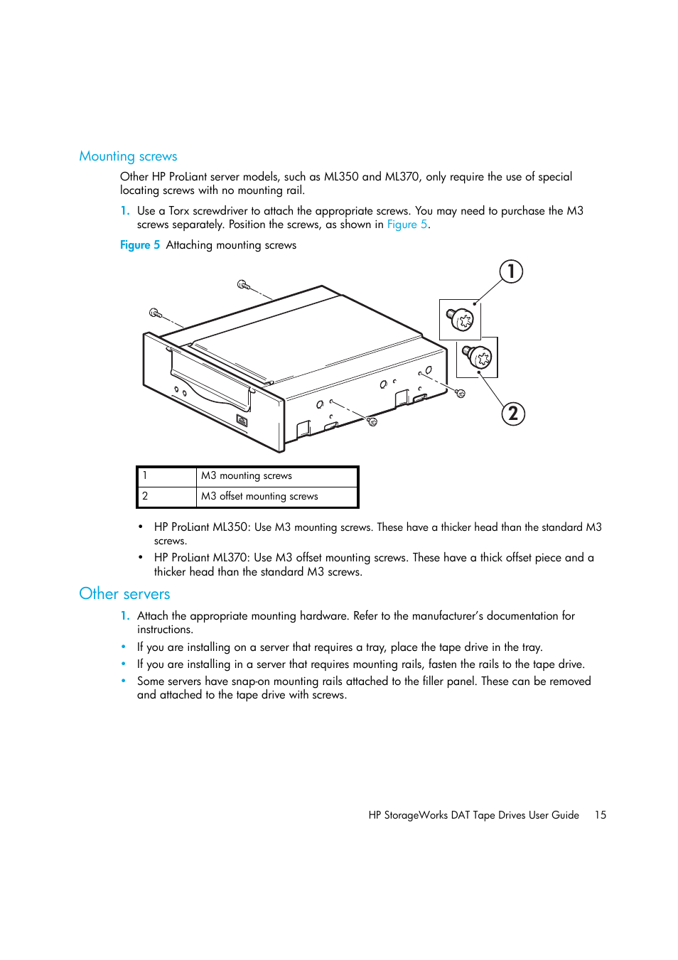 Mounting screws, Other servers | HP StoreEver DAT Tape Drives User Manual | Page 15 / 50