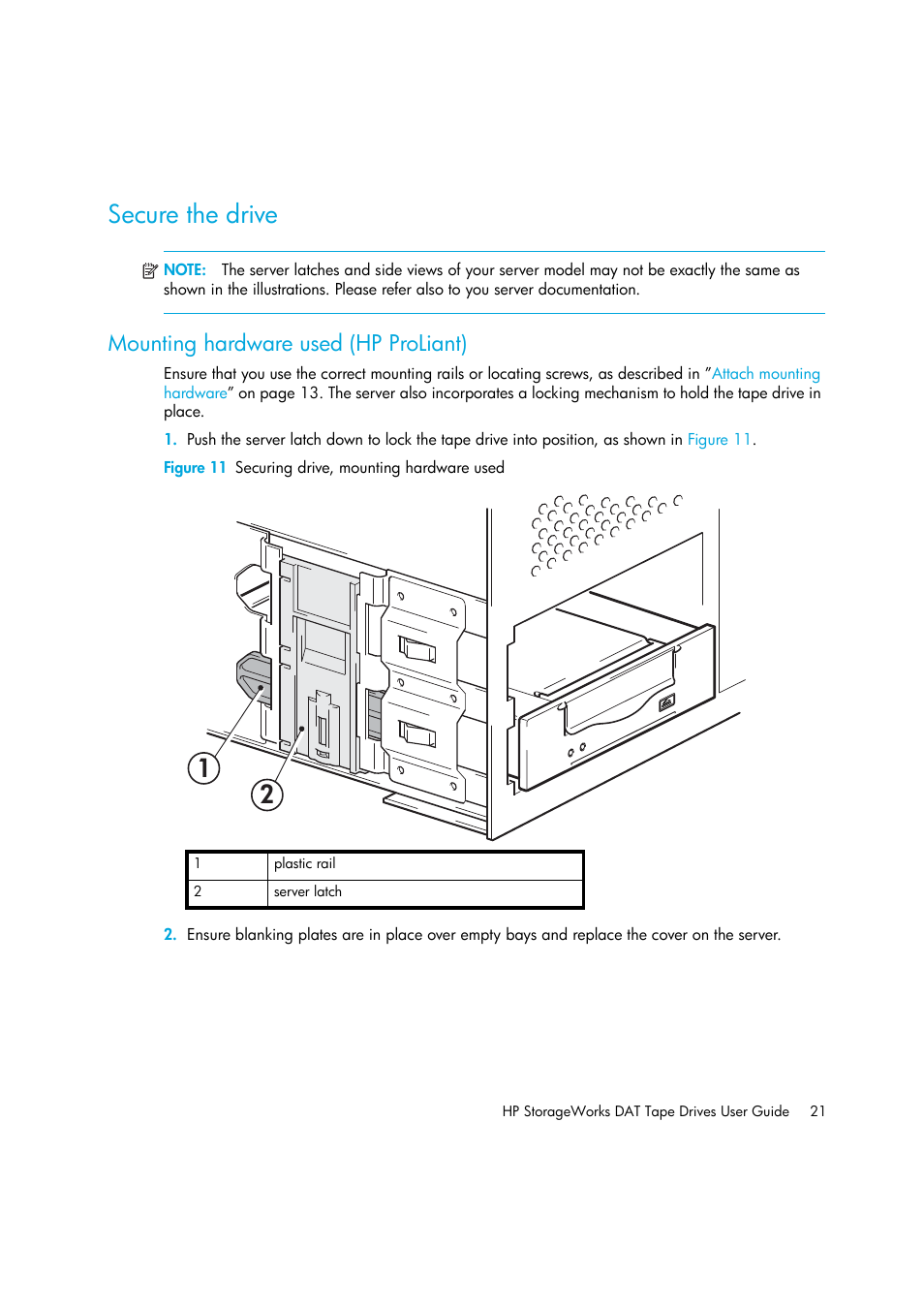 Secure the drive, Mounting hardware used (hp proliant) | HP StoreEver DAT Tape Drives User Manual | Page 21 / 50