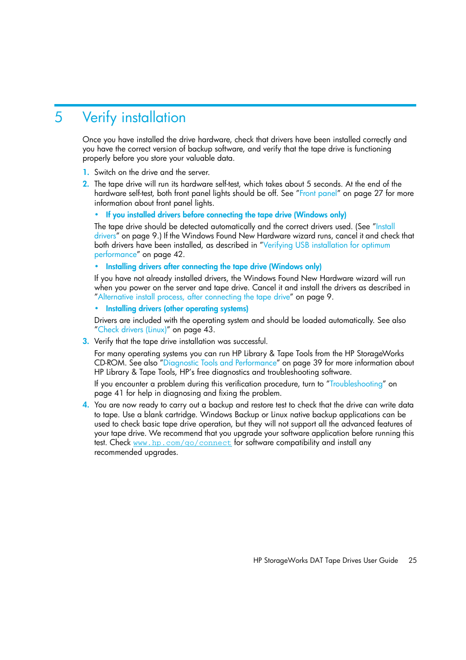 Verify installation, 5 verify installation, 5verify installation | HP StoreEver DAT Tape Drives User Manual | Page 25 / 50