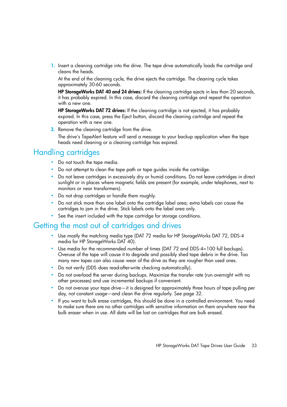 Handling cartridges, Getting the most out of cartridges and drives | HP StoreEver DAT Tape Drives User Manual | Page 33 / 50