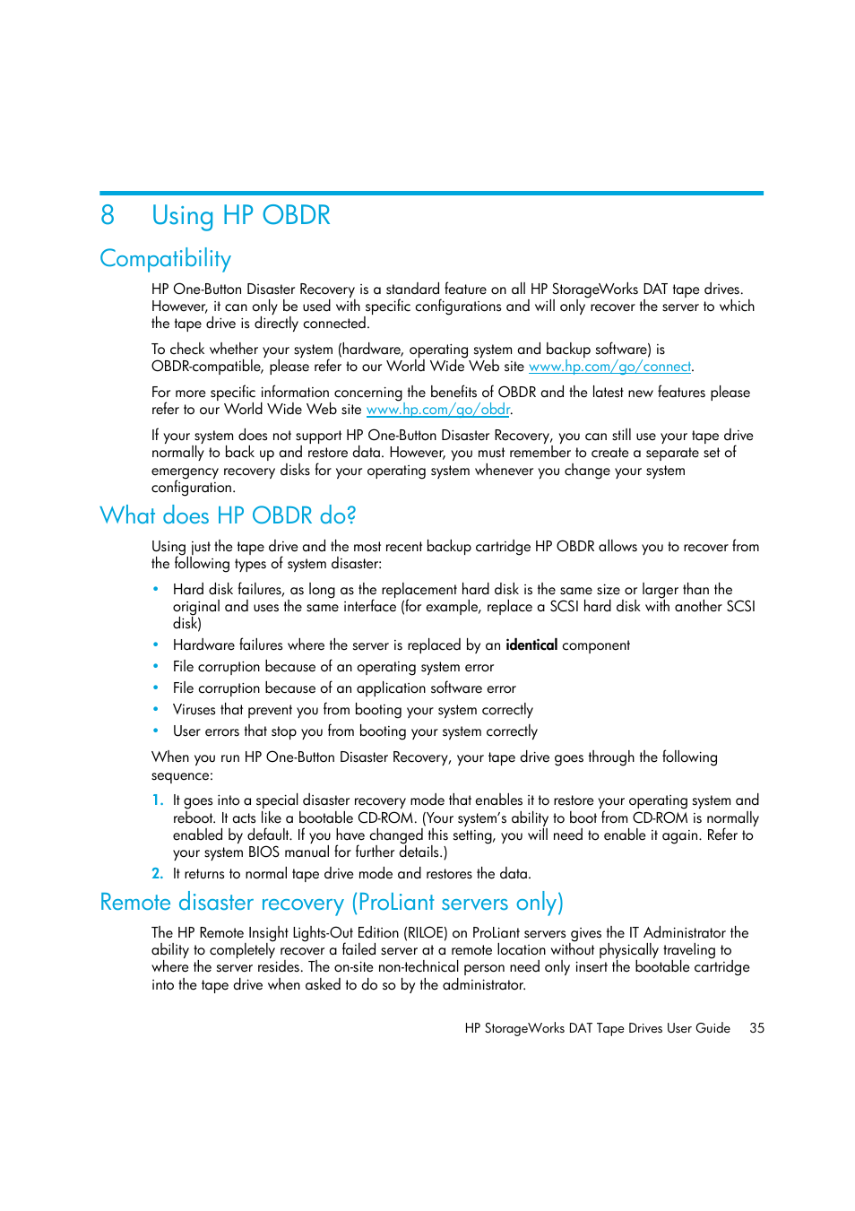 Using hp obdr, Compatibility, What does hp obdr do | Remote disaster recovery (proliant servers only), 8 using hp obdr, 8using hp obdr | HP StoreEver DAT Tape Drives User Manual | Page 35 / 50