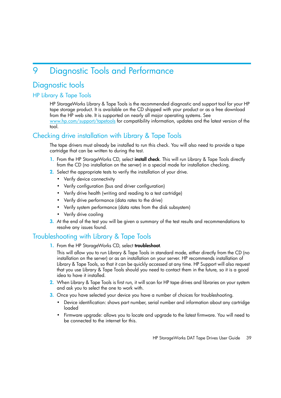 Diagnostic tools and performance, Diagnostic tools, Hp library & tape tools | Troubleshooting with library & tape tools, 9diagnostic tools and performance | HP StoreEver DAT Tape Drives User Manual | Page 39 / 50