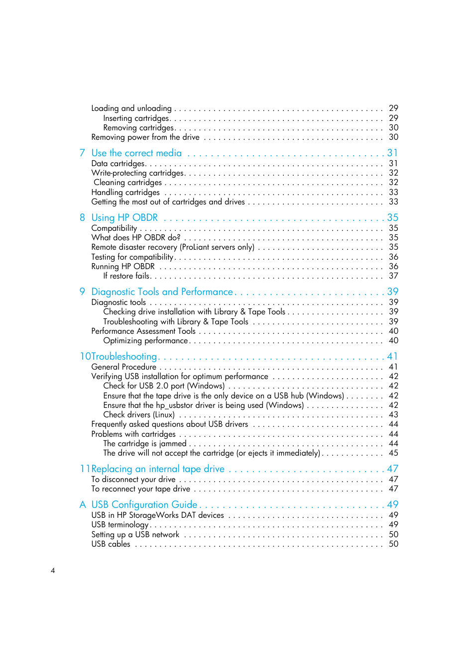 7 use the correct media, 8 using hp obdr, 9 diagnostic tools and performance | 10troubleshooting, 11replacing an internal tape drive, A usb configuration guide | HP StoreEver DAT Tape Drives User Manual | Page 4 / 50