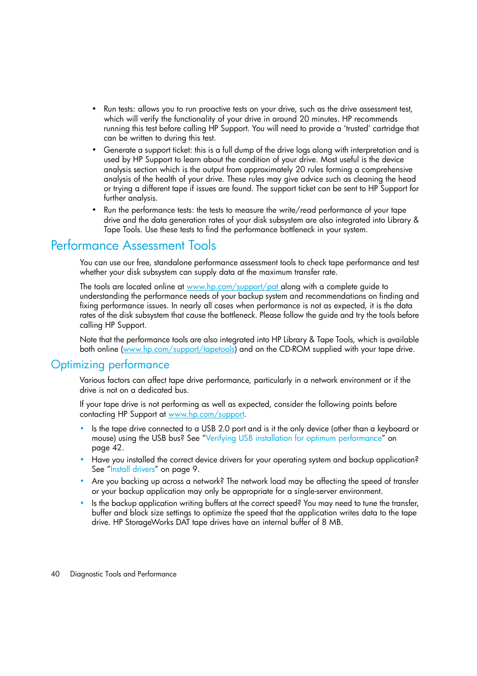 Performance assessment tools, Optimizing performance | HP StoreEver DAT Tape Drives User Manual | Page 40 / 50