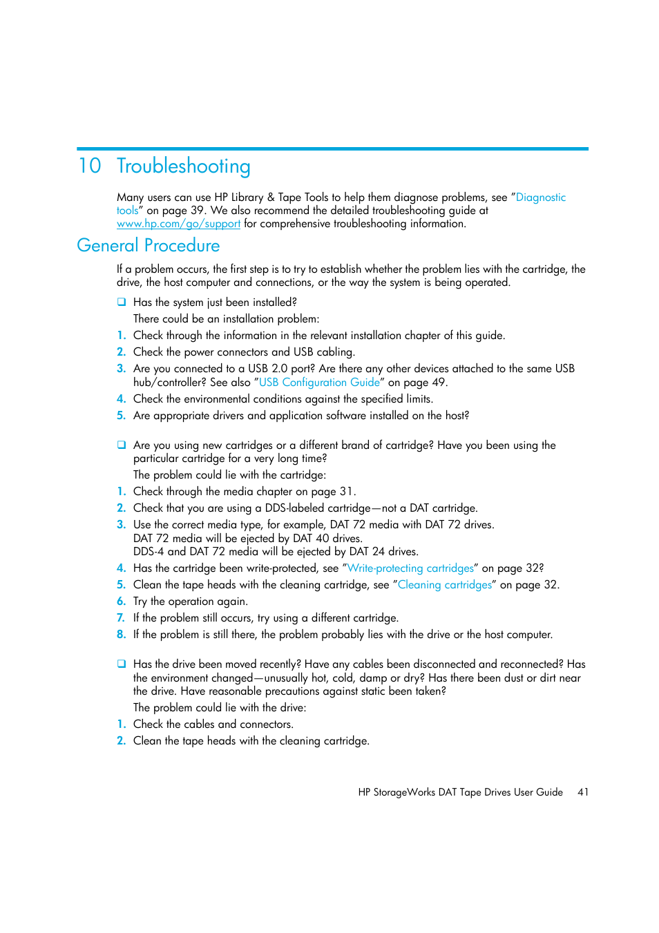 Troubleshooting, General procedure, 10troubleshooting | 10 troubleshooting | HP StoreEver DAT Tape Drives User Manual | Page 41 / 50