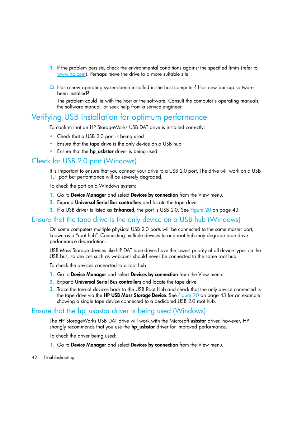 Verifying usb installation for optimum performance, Check for usb 2.0 port (windows), Verifying usb installation | For optimum performance, Bed in, Verifying usb installation for optimum, Performance | HP StoreEver DAT Tape Drives User Manual | Page 42 / 50