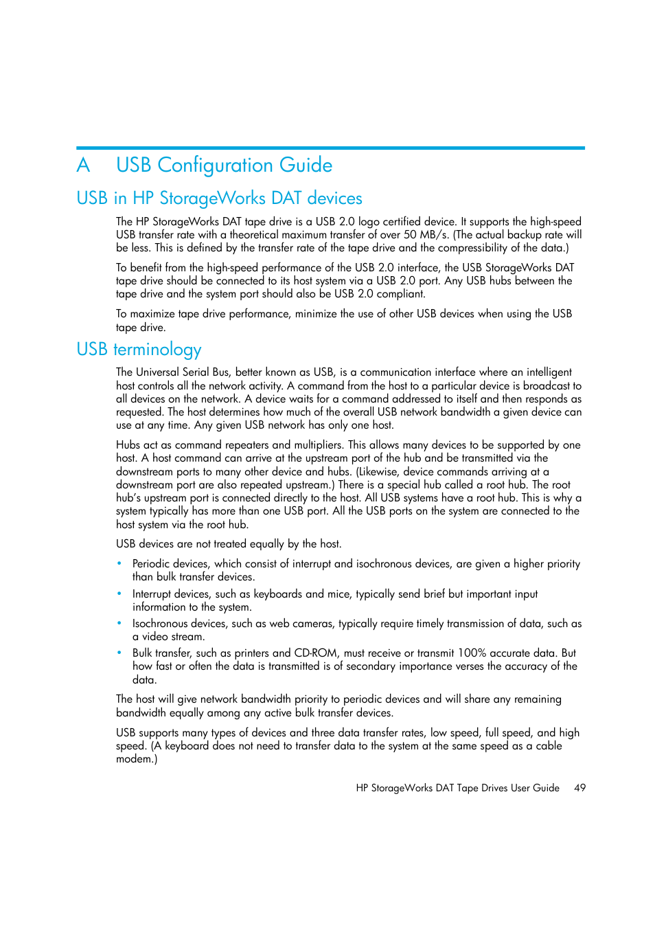 Usb configuration guide, Usb in hp storageworks dat devices, Usb terminology | A usb configuration guide, E also | HP StoreEver DAT Tape Drives User Manual | Page 49 / 50