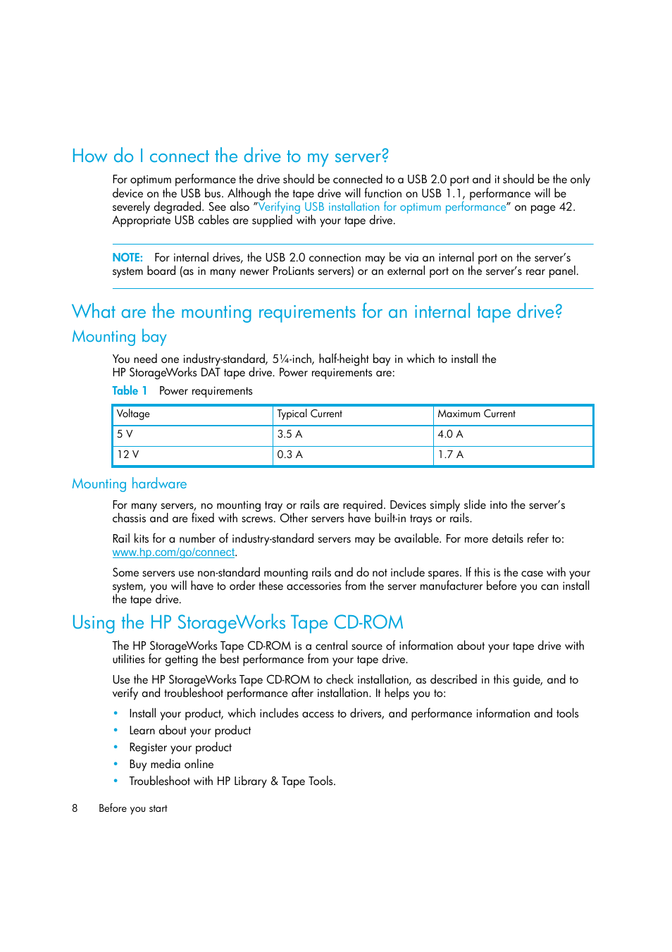 How do i connect the drive to my server, Mounting bay, Mounting hardware | Using the hp storageworks tape cdrom, Using the hp storageworks tape cd-rom | HP StoreEver DAT Tape Drives User Manual | Page 8 / 50