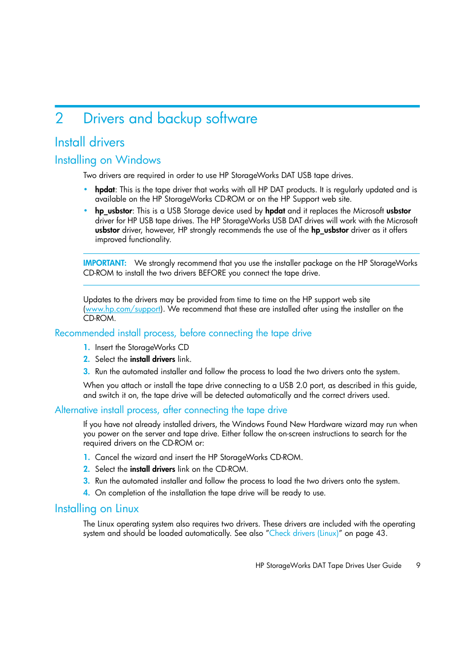 Drivers and backup software, Install drivers, Installing on windows | Installing on linux, 2 drivers and backup software, 2drivers and backup software | HP StoreEver DAT Tape Drives User Manual | Page 9 / 50