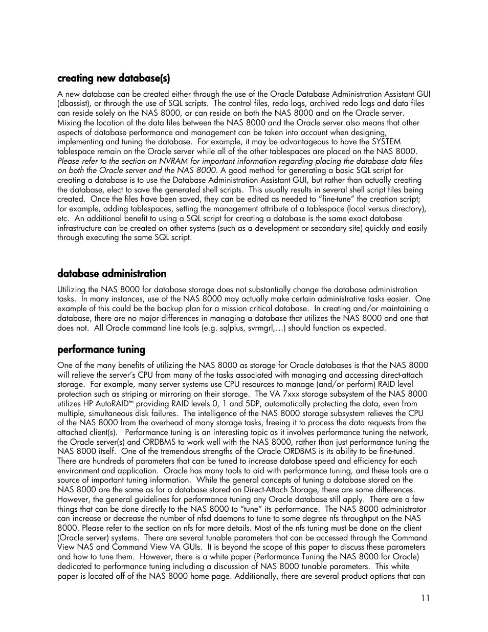 Creating new database(s), Database administration, Performance tuning | HP StorageWorks 8000 NAS User Manual | Page 11 / 19