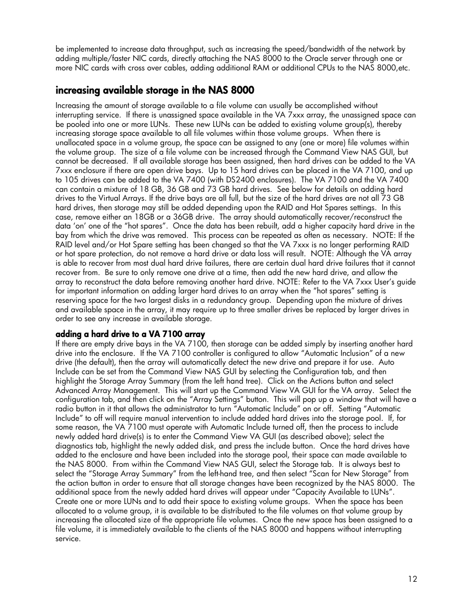 Increasing available storage in the nas 8000, Adding a hard drive to a va 7100 array | HP StorageWorks 8000 NAS User Manual | Page 12 / 19