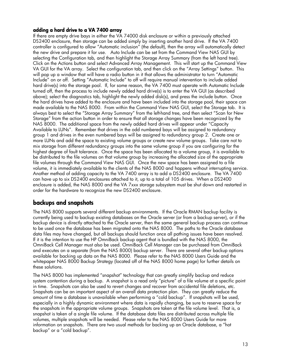 Adding a hard drive to a va 7400 array, Backups and snapshots | HP StorageWorks 8000 NAS User Manual | Page 13 / 19