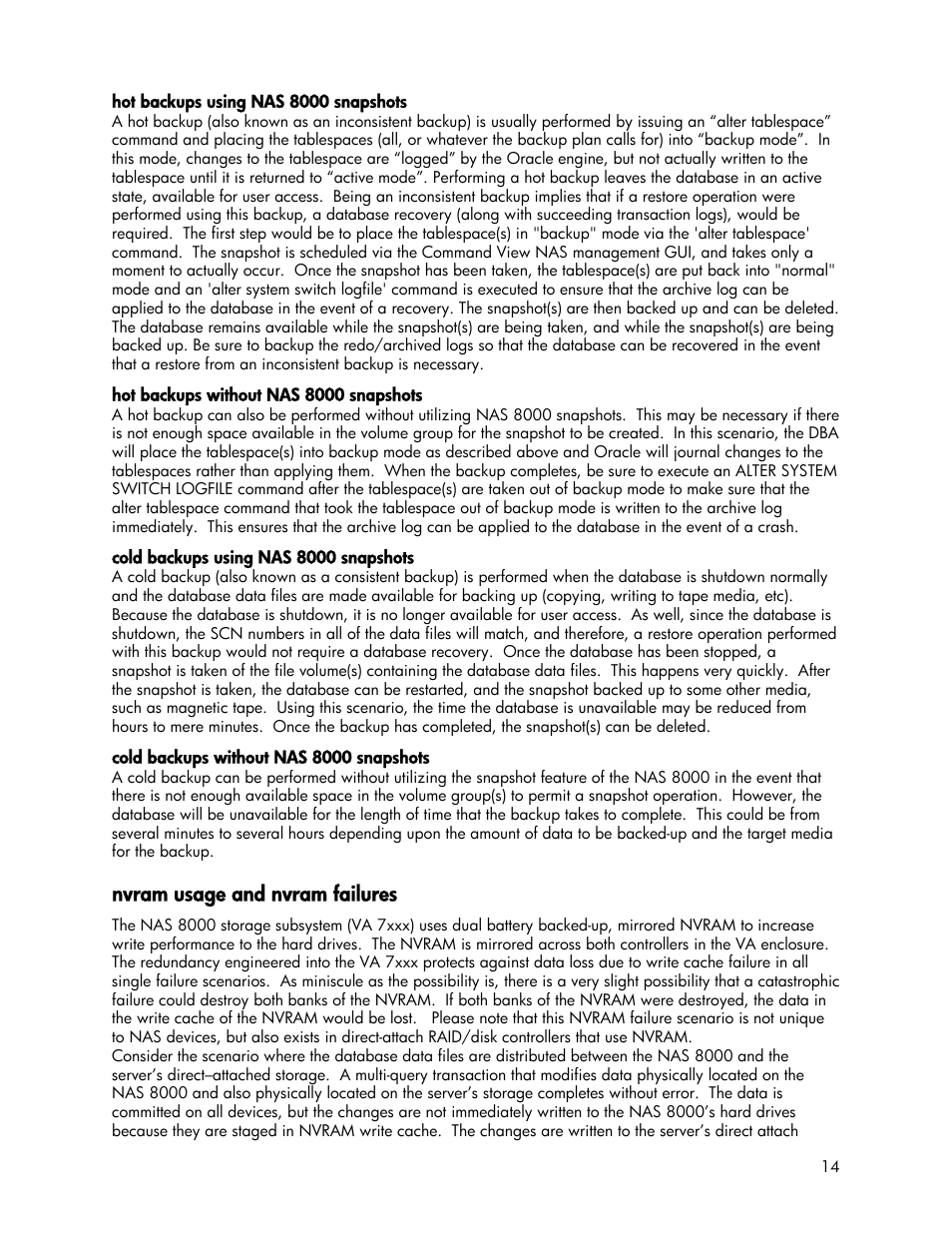 Hot backups using nas 8000 snapshots, Hot backups without nas 8000 snapshots, Cold backups using nas 8000 snapshots | Cold backups without nas 8000 snapshots, Nvram usage and nvram failures | HP StorageWorks 8000 NAS User Manual | Page 14 / 19