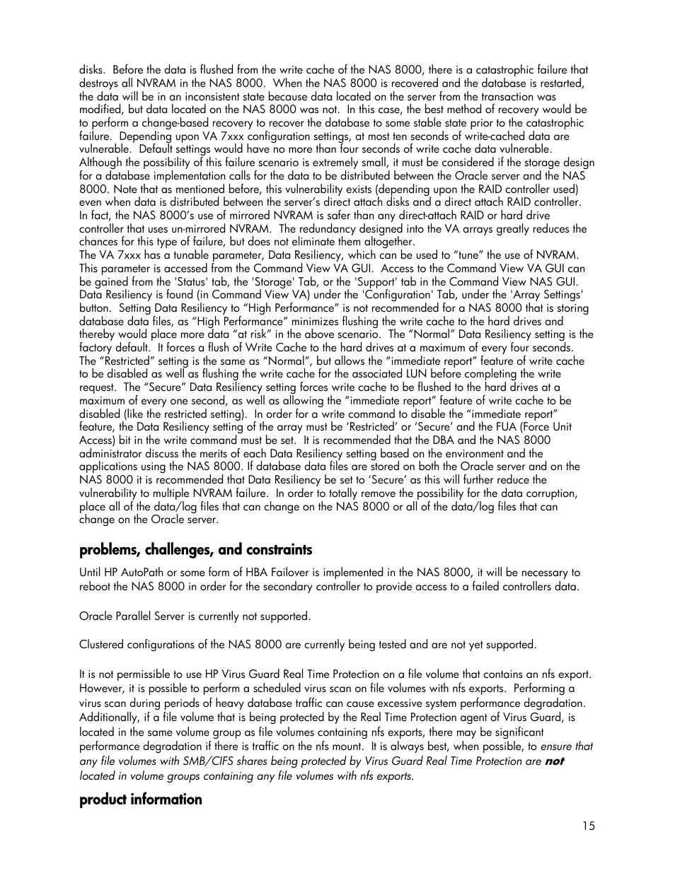 Problems, challenges, and constraints, Product information | HP StorageWorks 8000 NAS User Manual | Page 15 / 19