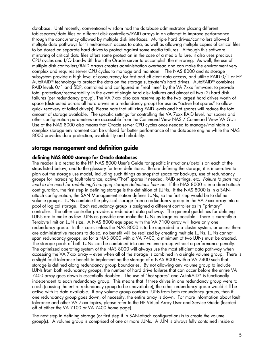 Storage management and definition guide, Defining nas 8000 storage for oracle databases | HP StorageWorks 8000 NAS User Manual | Page 5 / 19