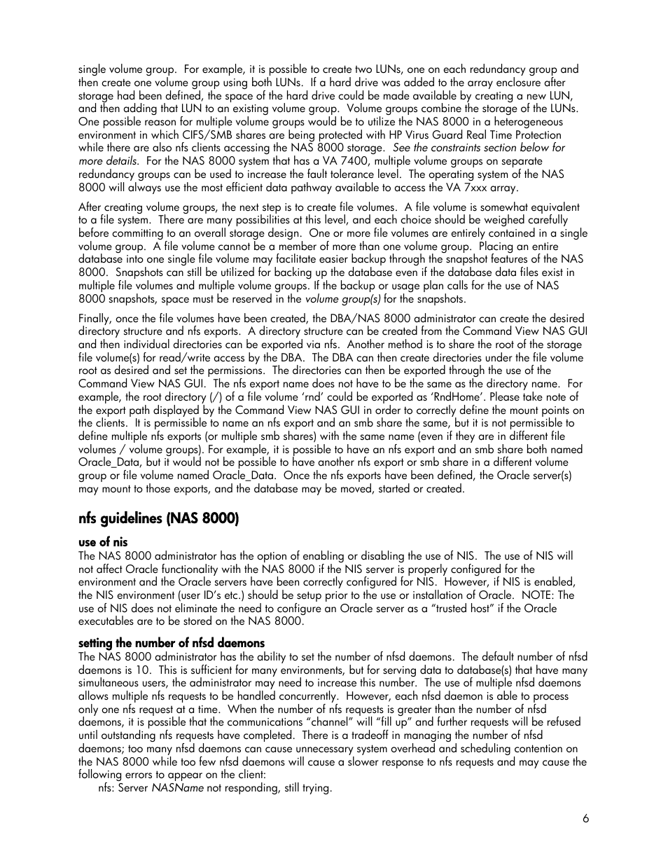 Nfs guidelines (nas 8000), Use of nis, Setting the number of nfsd daemons | Use of nis setting the number of nfsd daemons | HP StorageWorks 8000 NAS User Manual | Page 6 / 19
