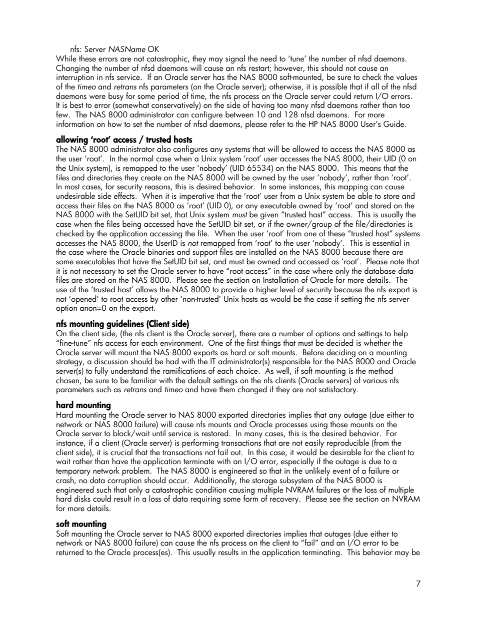 Allowing ‘root’ access / trusted hosts, Nfs mounting guidelines (client side), Hard mounting | Soft mounting | HP StorageWorks 8000 NAS User Manual | Page 7 / 19