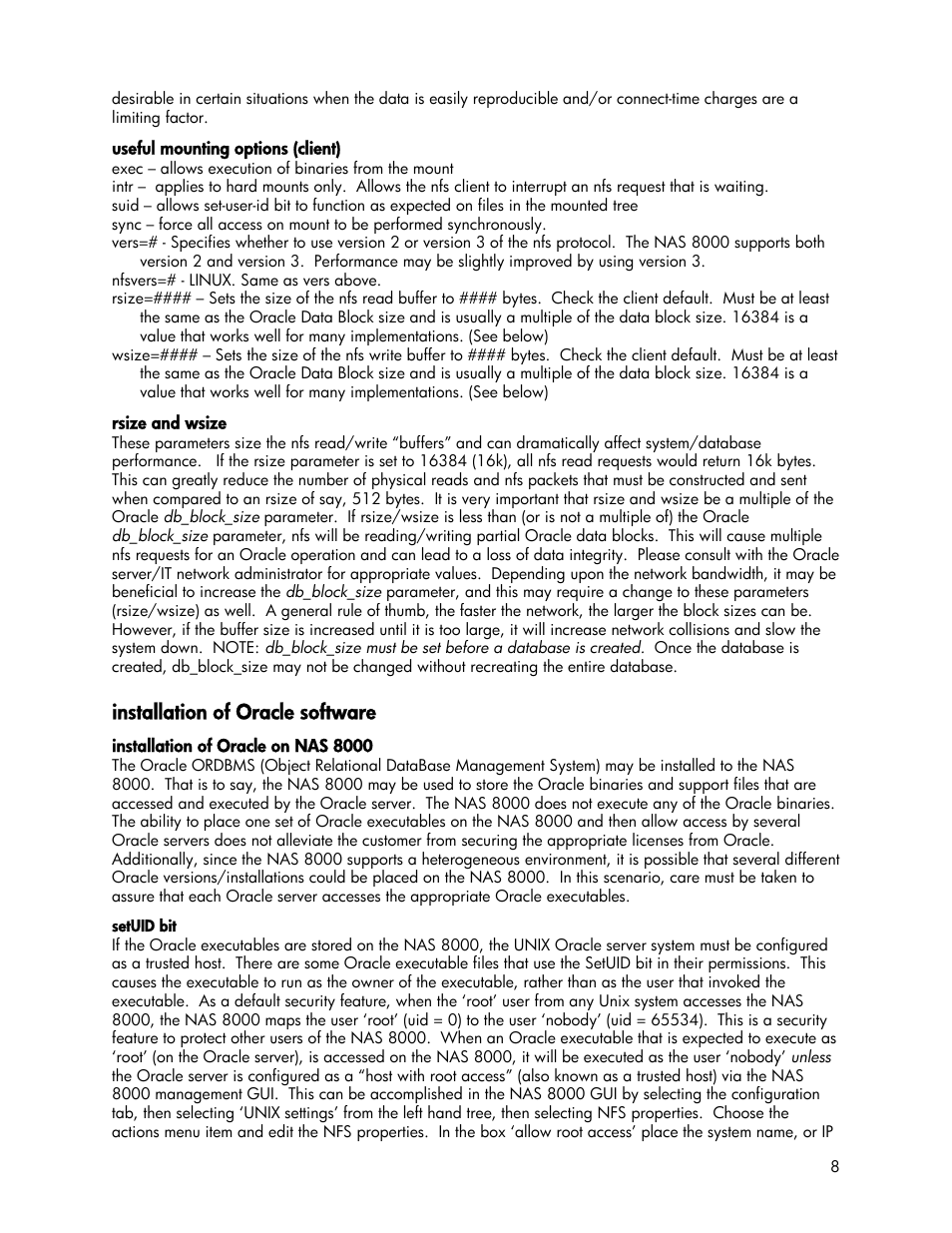 Useful mounting options (client), Rsize and wsize, Installation of oracle software | Installation of oracle on nas 8000, Setuid bit, Useful mounting options (client) rsize and wsize | HP StorageWorks 8000 NAS User Manual | Page 8 / 19