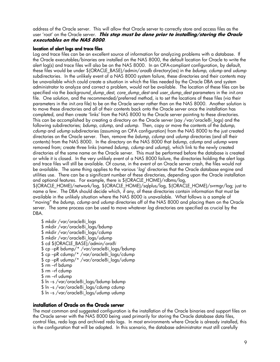 Location of alert logs and trace files, Installation of oracle on the oracle server | HP StorageWorks 8000 NAS User Manual | Page 9 / 19