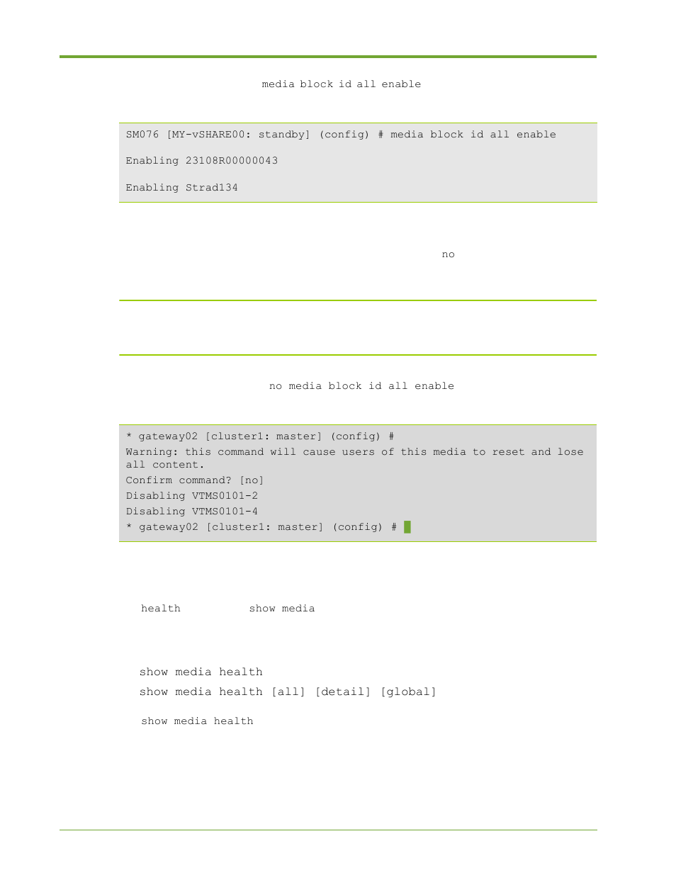 Show media health commands, Show media health, Commands | No media block id all enable | HP VMA-series Memory Arrays User Manual | Page 118 / 265
