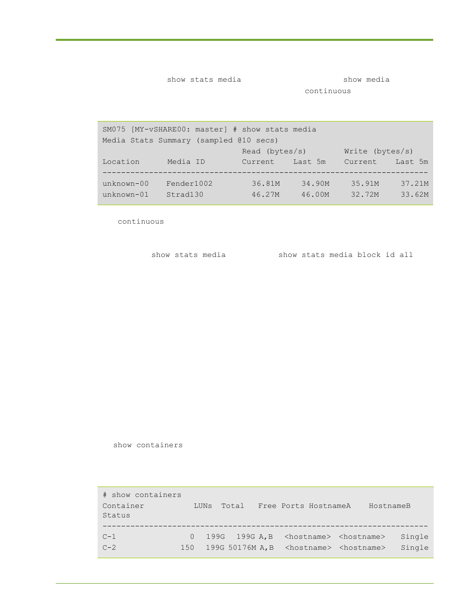 Vshare block storage management commands, Managing containers | HP VMA-series Memory Arrays User Manual | Page 121 / 265