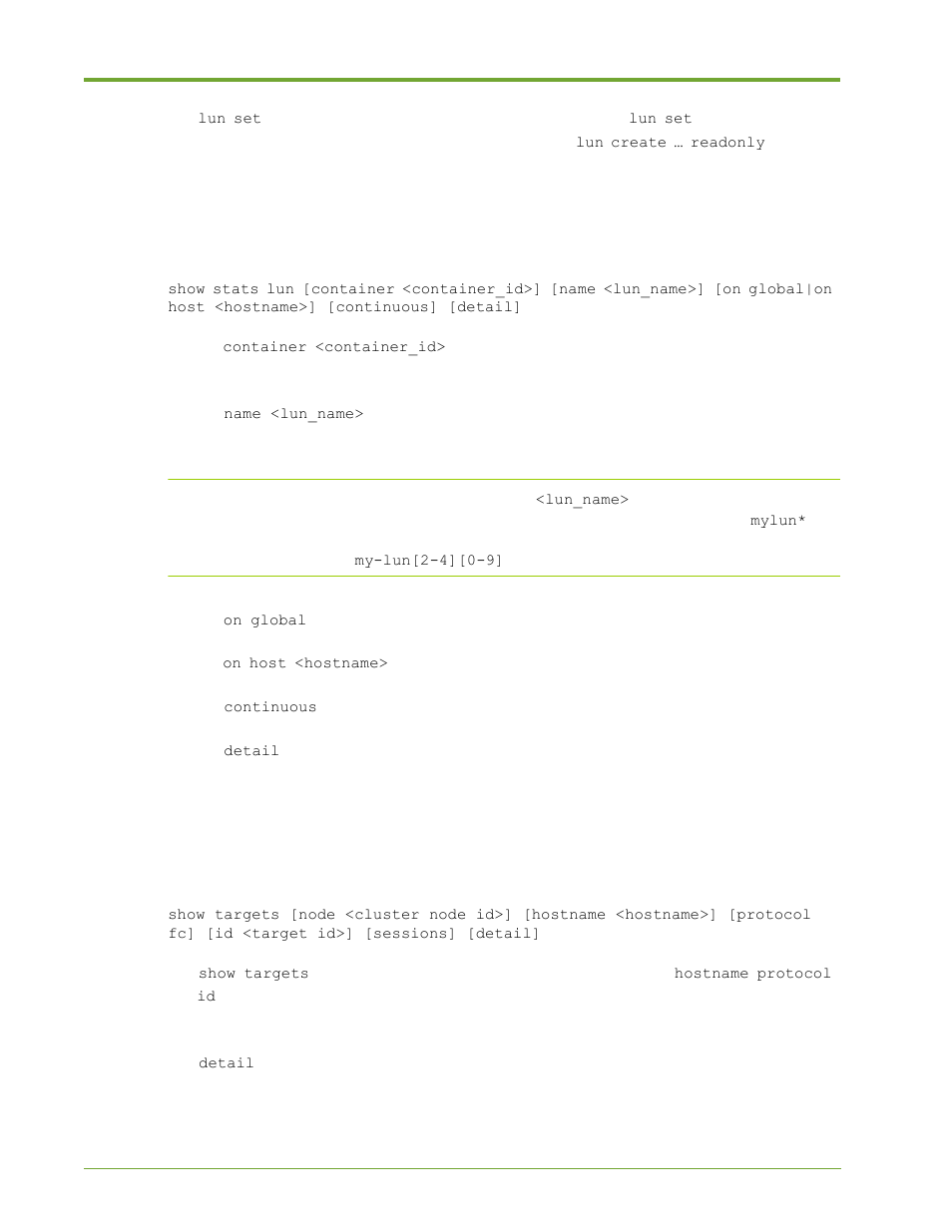 Managing targets, Lun statistics, Command | HP VMA-series Memory Arrays User Manual | Page 124 / 265