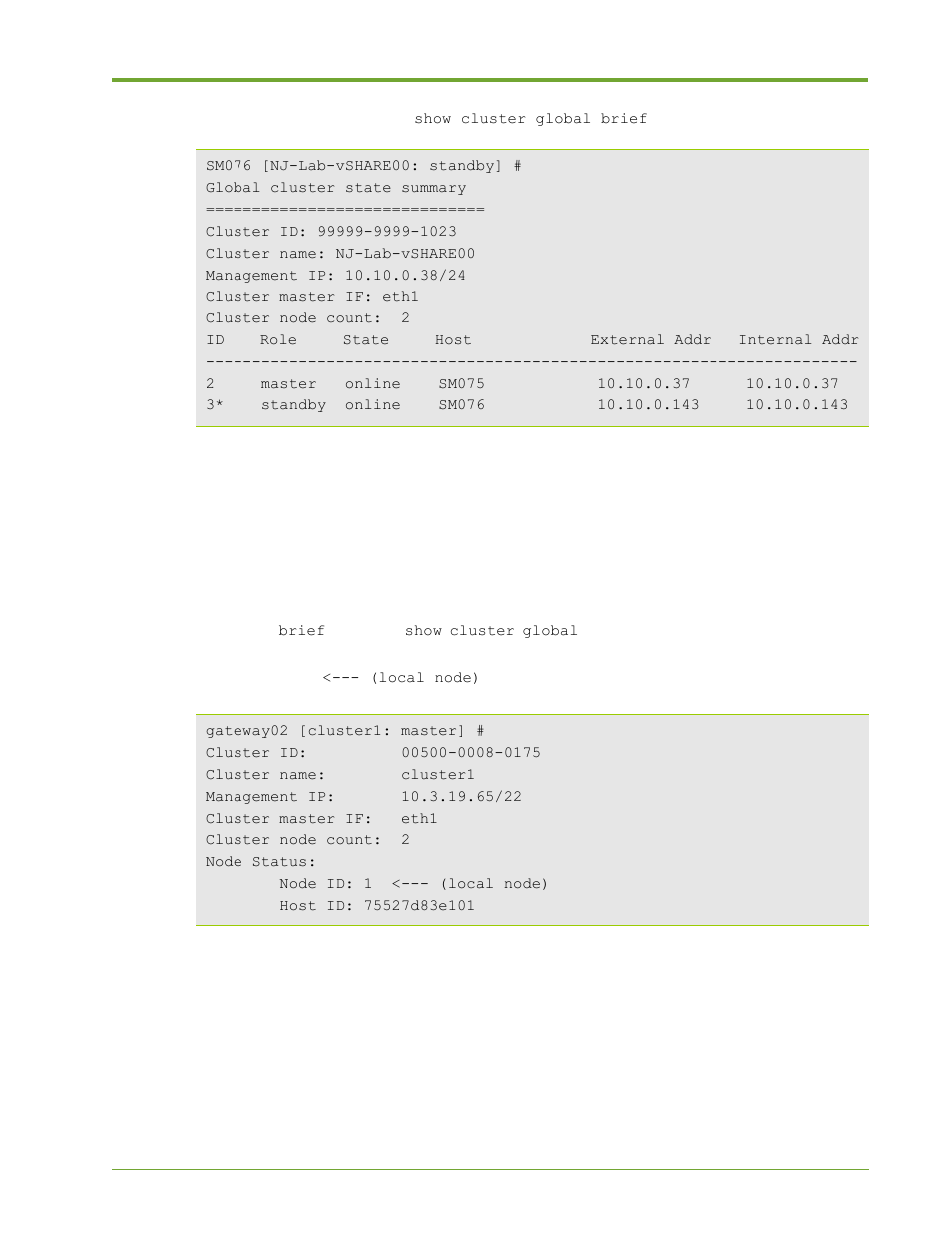 Show cluster global command | HP VMA-series Memory Arrays User Manual | Page 131 / 265