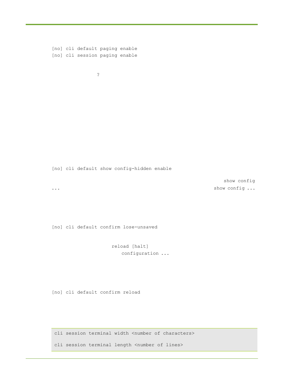 Control paging of cli output, Control showing hidden commands, Confirm loss of unsaved changes | Confirm reboot or halt reload | HP VMA-series Memory Arrays User Manual | Page 150 / 265
