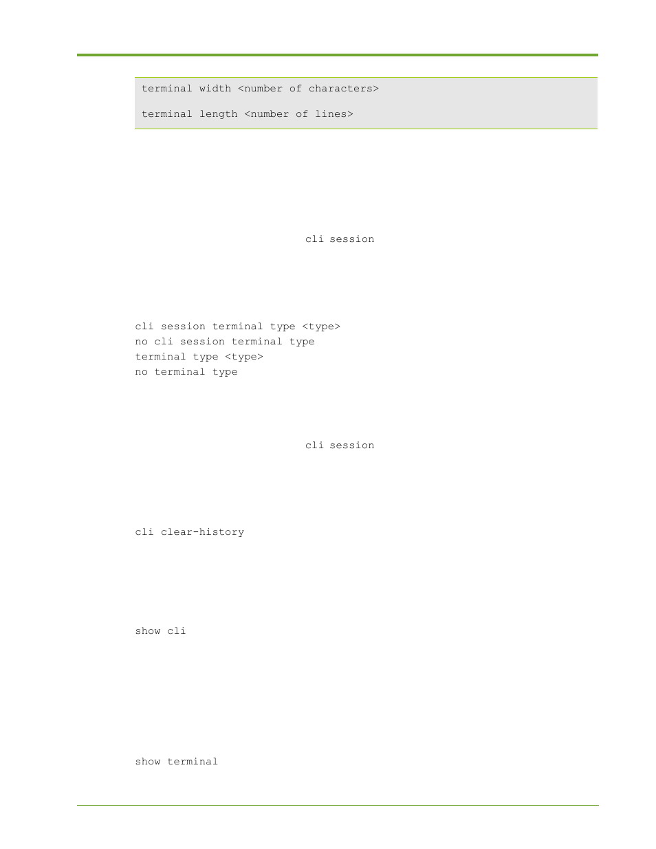 Set terminal type, Clear command history, Display cli settings | Display terminal details | HP VMA-series Memory Arrays User Manual | Page 151 / 265