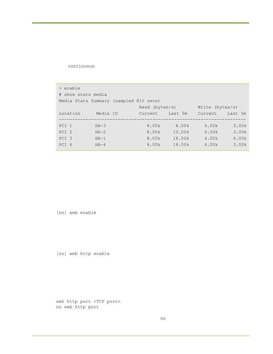 Web interface configuration commands, Enable or disable web interface, Enable or disable http access | Specify the http port | HP VMA-series Memory Arrays User Manual | Page 189 / 265