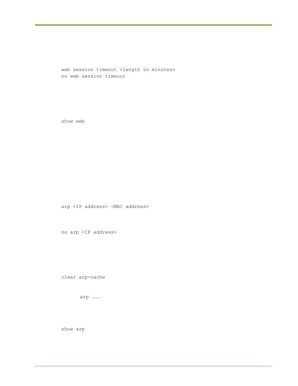 Control web session timeout, Display web interface details, Address resolution protocol commands | Add and remove static arp entries, Clear dynamic arp entries, Display contents of arp | HP VMA-series Memory Arrays User Manual | Page 191 / 265
