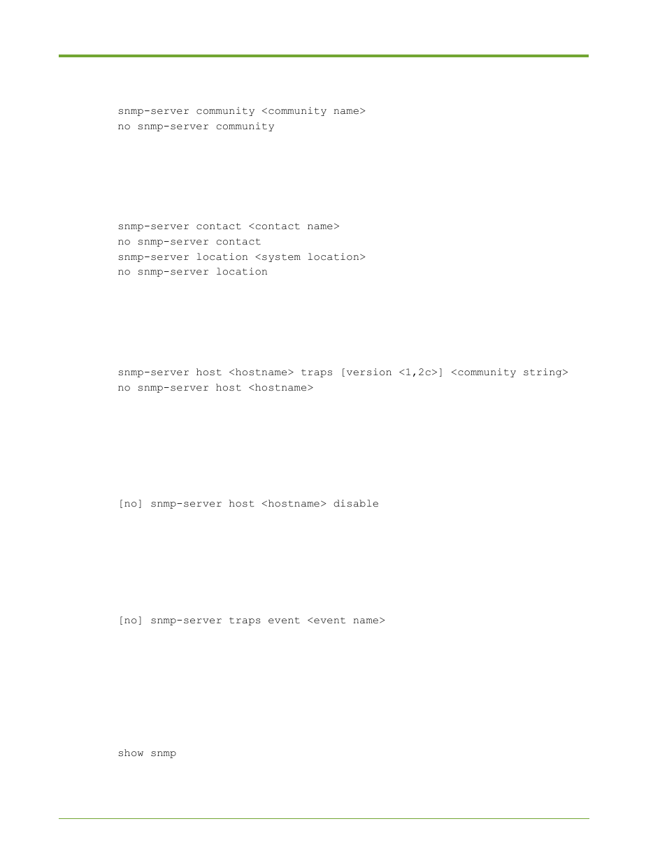 Set the snmp community name, Set the contact and location variables, Add or remove a host from traps notification | Disable a trap sink, Specify the events sent to snmp traps, Display snmp configuration details | HP VMA-series Memory Arrays User Manual | Page 200 / 265