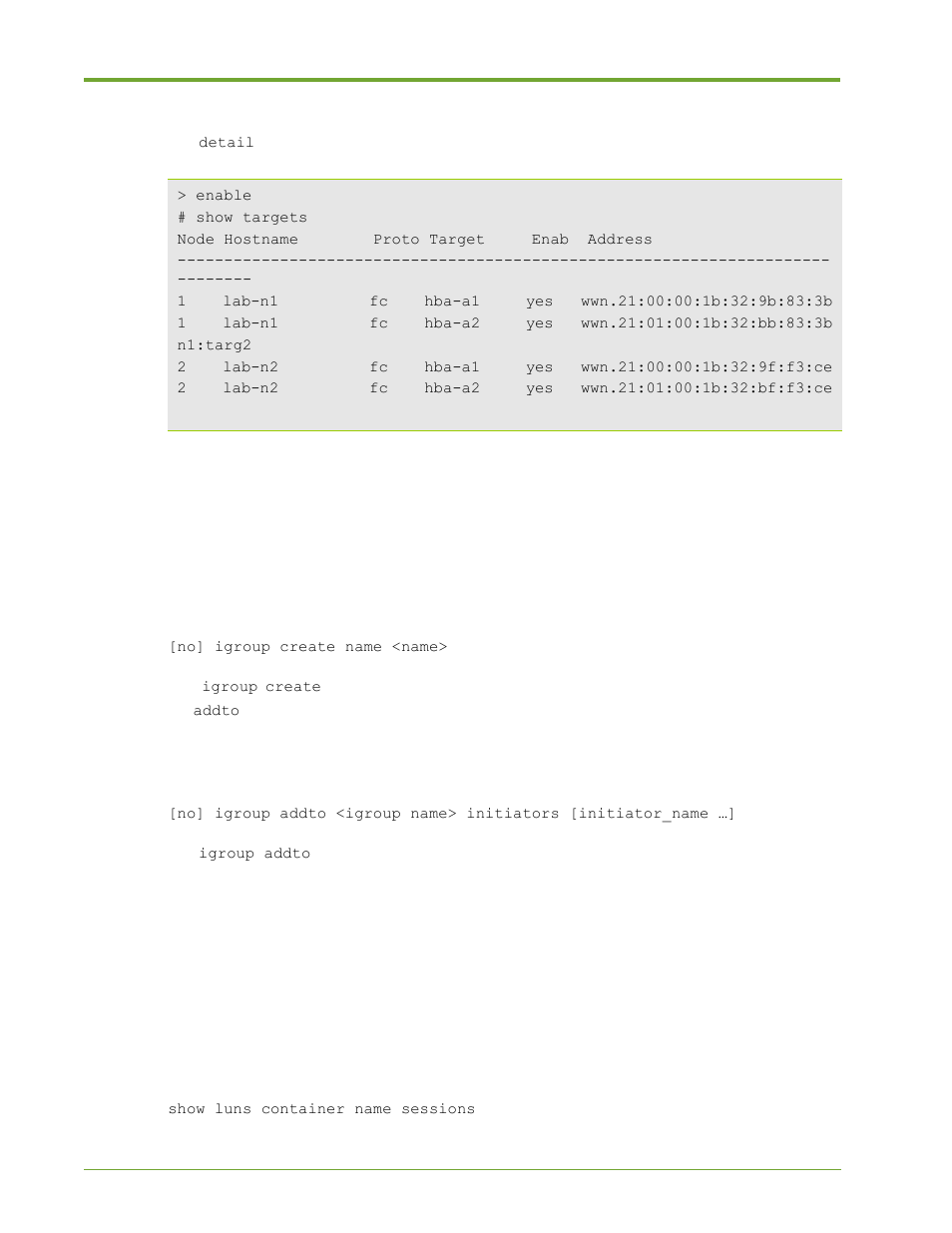 Initiator group commands, Create an initiator group, Add initiators to a group | Lun commands, View luns | HP VMA-series Memory Arrays User Manual | Page 204 / 265