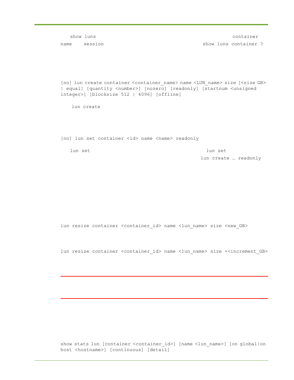 Create a lun, Set lun privileges, Resize a lun | View lun statistics | HP VMA-series Memory Arrays User Manual | Page 205 / 265