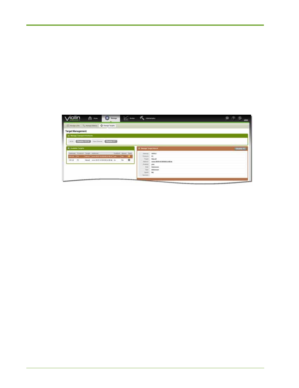 Viewing target status, Managing transport protocols | HP VMA-series Memory Arrays User Manual | Page 54 / 265