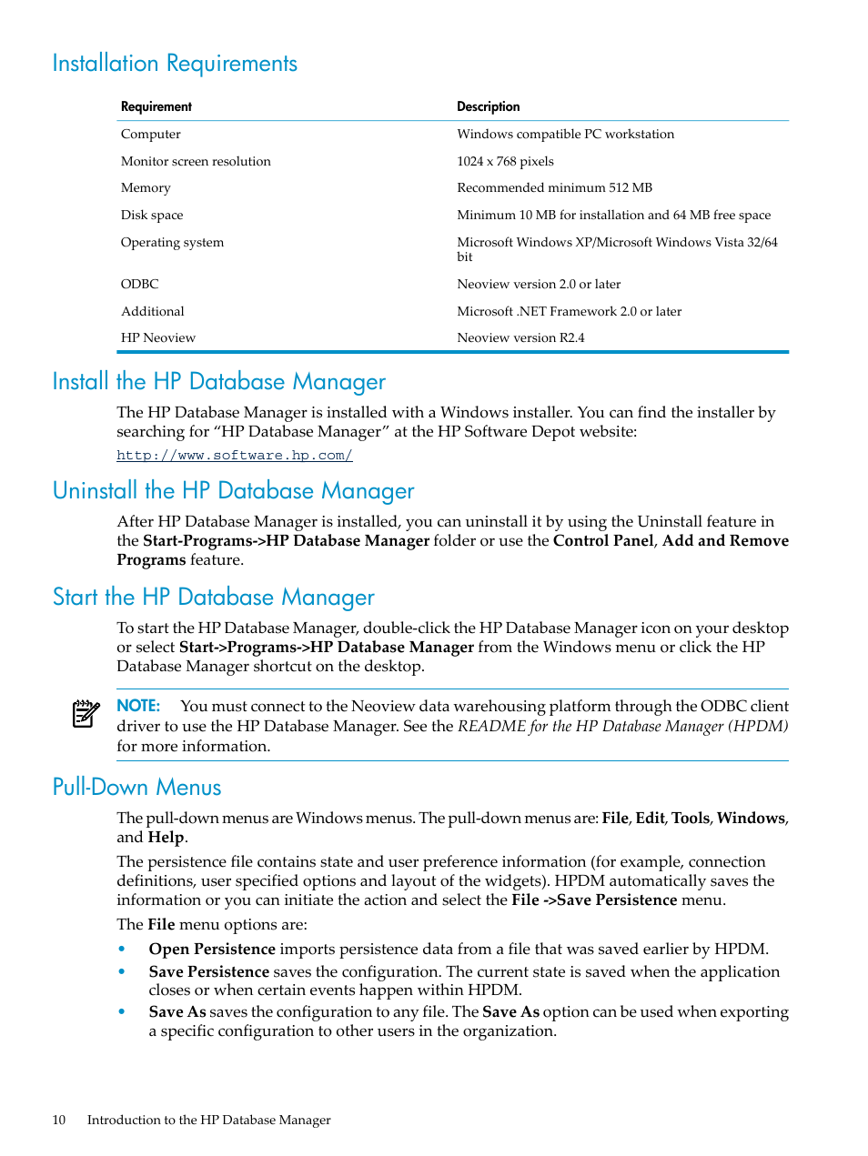 Installation requirements, Install the hp database manager, Uninstall the hp database manager | Start the hp database manager, Pull-down menus | HP Neoview Release 2.4 Software User Manual | Page 10 / 70