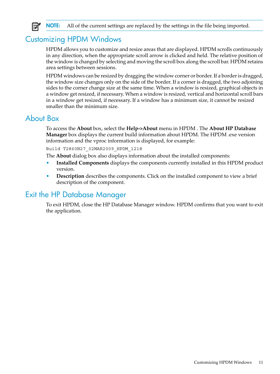 Customizing hpdm windows, About box, Exit the hp database manager | HP Neoview Release 2.4 Software User Manual | Page 11 / 70