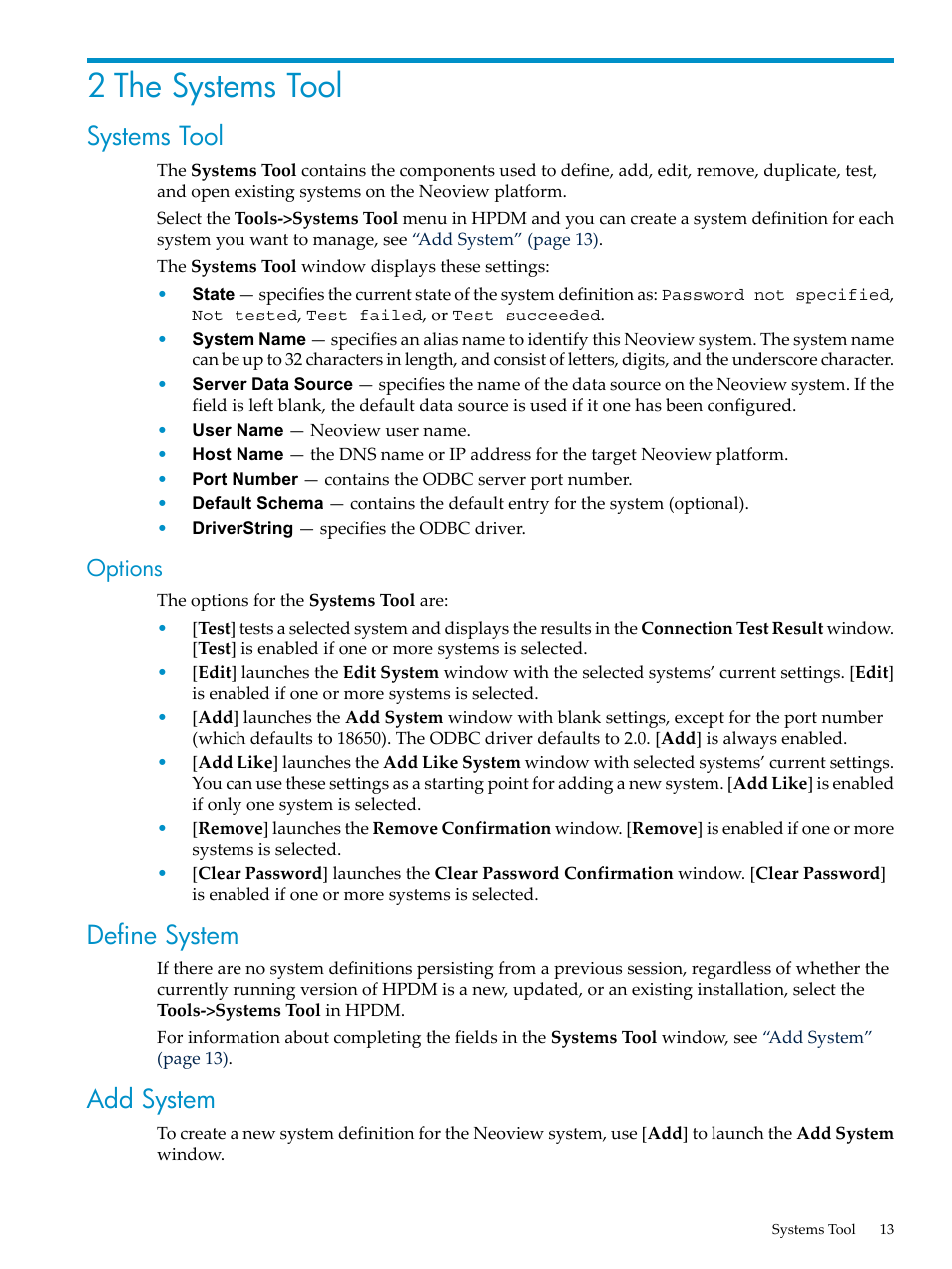 2 the systems tool, Systems tool, Options | Define system, Add system, Define system add system | HP Neoview Release 2.4 Software User Manual | Page 13 / 70