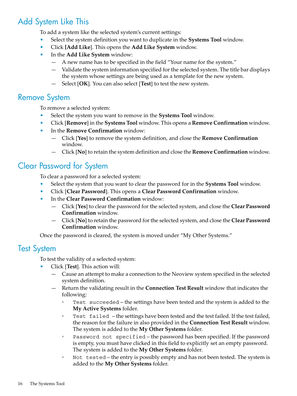 Add system like this, Remove system, Clear password for system | Test system | HP Neoview Release 2.4 Software User Manual | Page 16 / 70