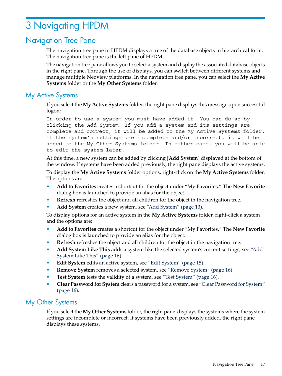 3 navigating hpdm, Navigation tree pane, My active systems | My other systems, My active systems my other systems | HP Neoview Release 2.4 Software User Manual | Page 17 / 70