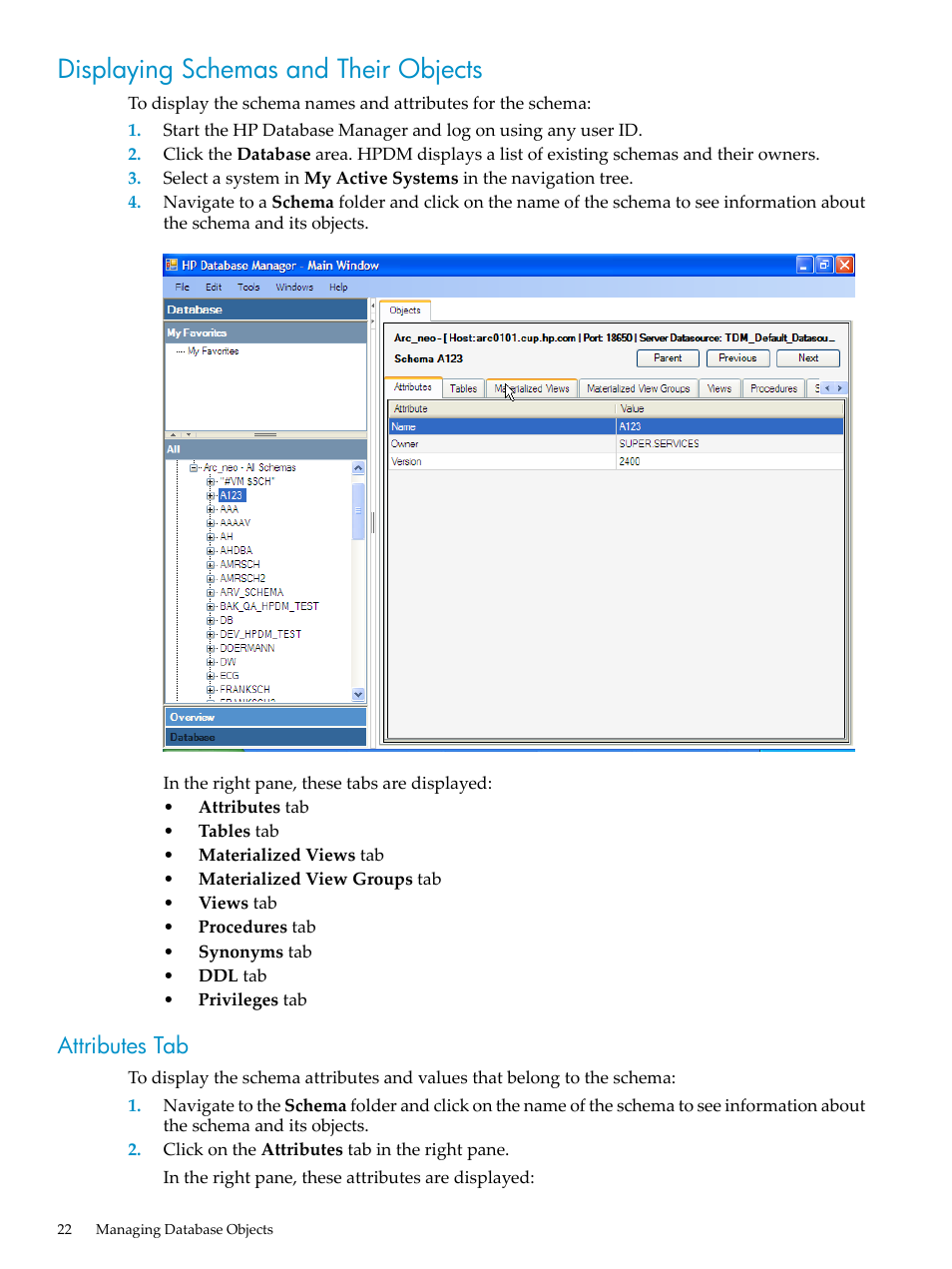 Displaying schemas and their objects, Attributes tab | HP Neoview Release 2.4 Software User Manual | Page 22 / 70